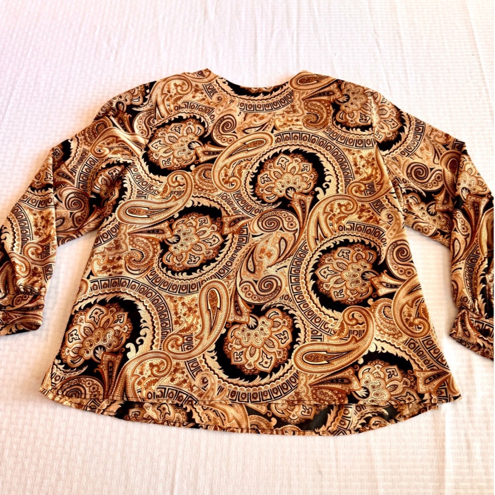 Alfred Dunner Vintage Paisley Blouse Brown Tan Black 20W Shoulder Pads Boho Top